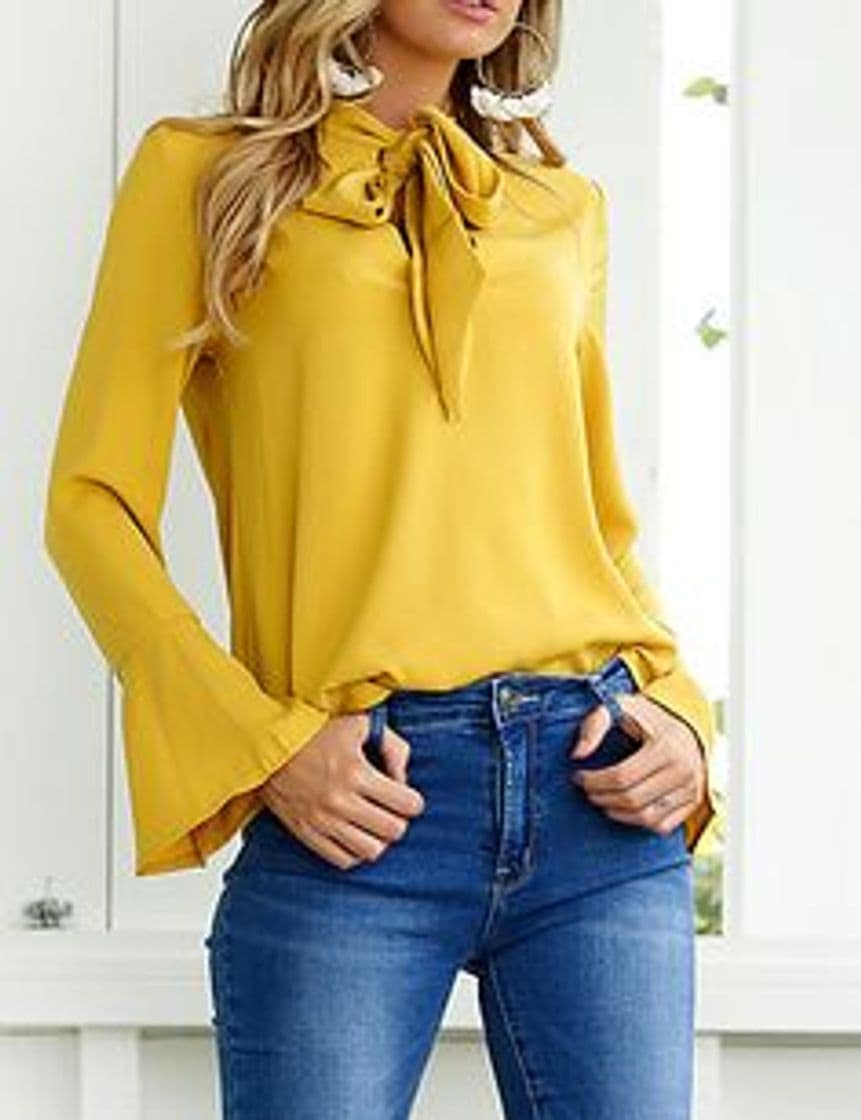 Fashion Mujeres Camisa Elegante Blusa Mangas Largas Camiseta Polsillo Escote V