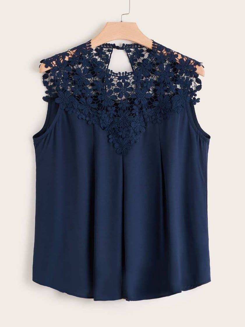 Moda Shein-Top azul de encaje.