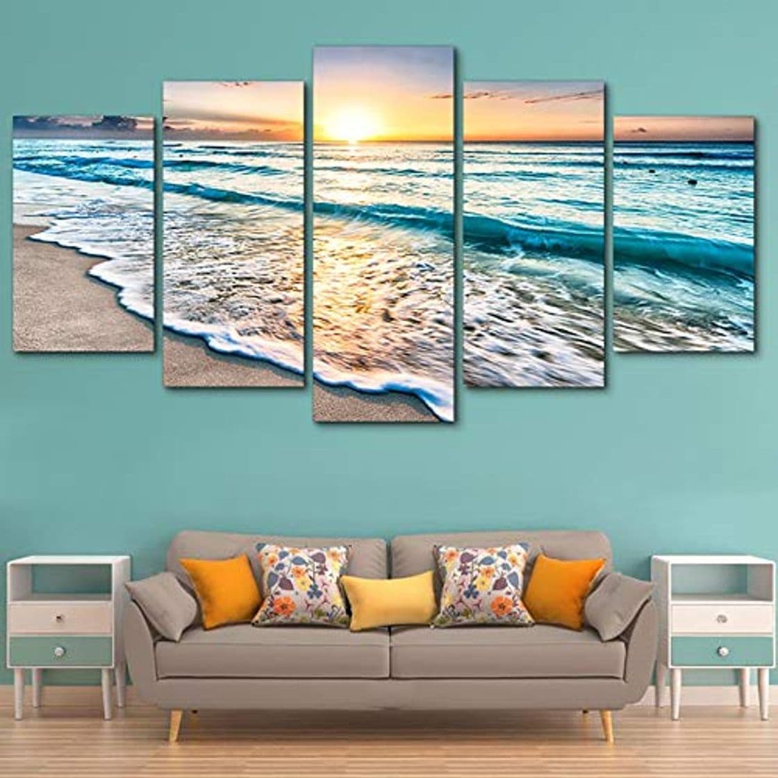 Producto LZLZ 5 Pinturas consecutivas Cuadro de Arte en la Pared Impresión en HD Carteles modulares Cuadros de Lienzo 5 Paneles Olas en la Playa al Atardecer Paisaje Marino Moderno decoración para el hogar