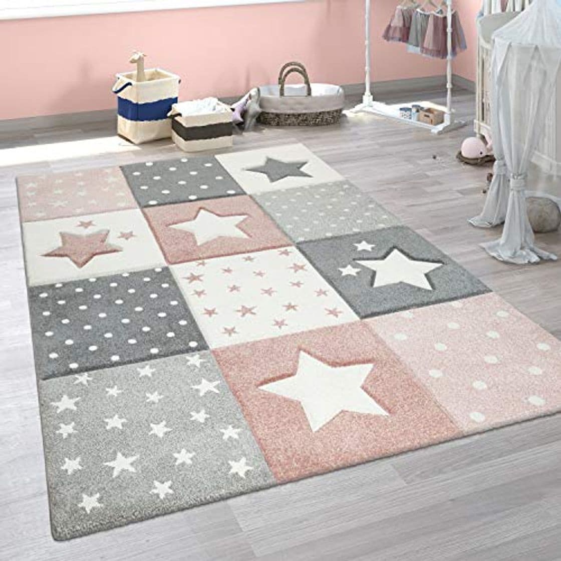 Producto Paco Home Alfombra Infantil Moderna Pastel Cuadros Estrellas Lunares Diseño En Rosa