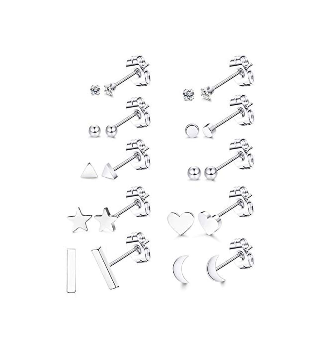 Product Sailimue 10 Pares Acero Inoxidablede Pequeño Pendientes Studs Set para Mujer Pendientes Corazon Estrella Luna Bolas Triangulo Pendientes Circonita Piercing Arete