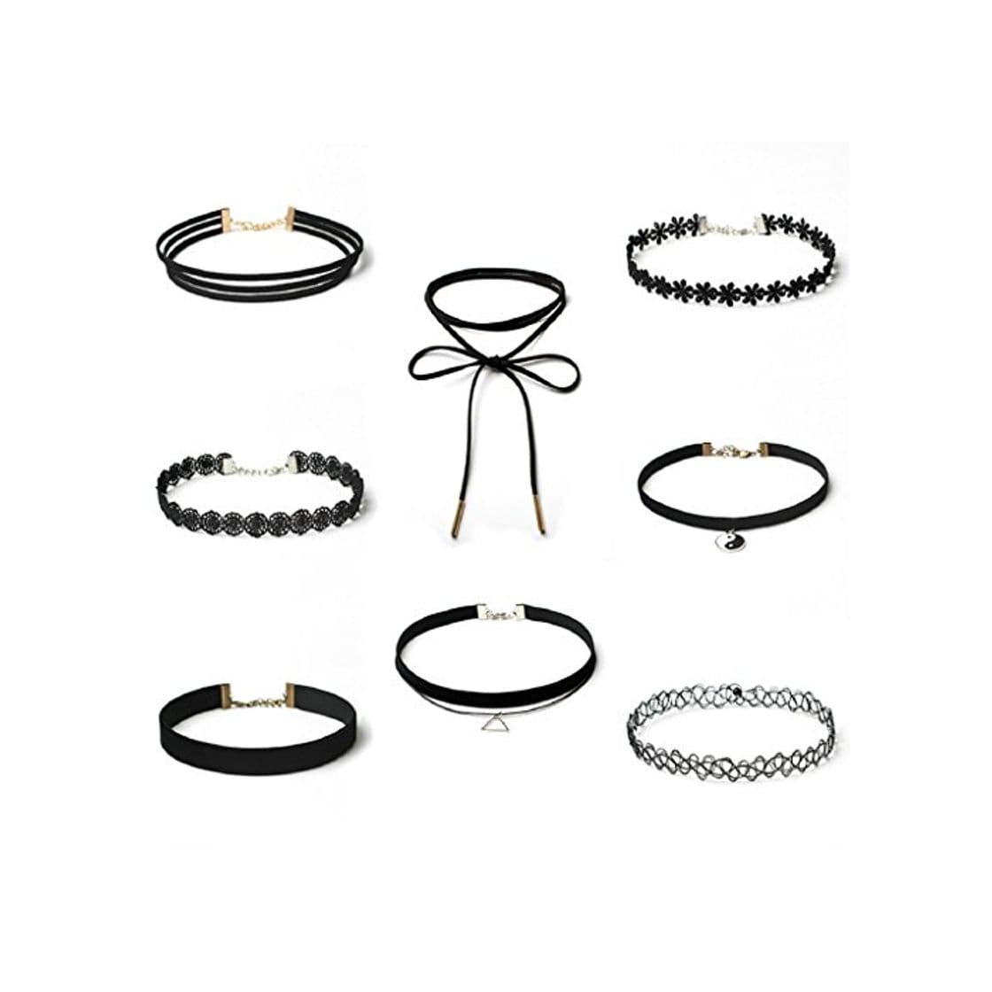 Product Daesar 8 Piezas Gargantilla Acero Inoxidable Mujer Choker Encaje Cuello Correa Terciopelo Conjunto de Collar Cadena Negro