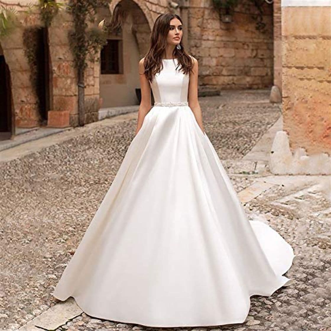 Moda Vestido de novia Vestido de novia de satén con cuello en o de moda Ashley Carol 2019 Vestido de novia de una línea con cuentas de lujo Vestidos de boda elegantes franceses simples