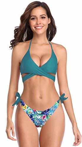 Producto SHEKINI Mujeres Front Cross Bandage Bikini Floral impresión Inferior Traje de baño