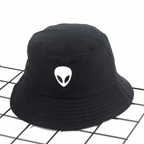 Place Unisex Black White Solid Embroidered Alien Foldable Bucket Hat Beach Sun Party