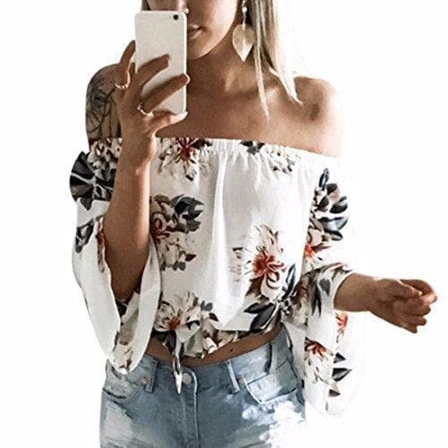 Moda QIYUN.Z Cuello De La Manera De Las Mujeres Cuello Floral Impreso Blanco Cuerno Manga Sin Tirantes Culo Tops