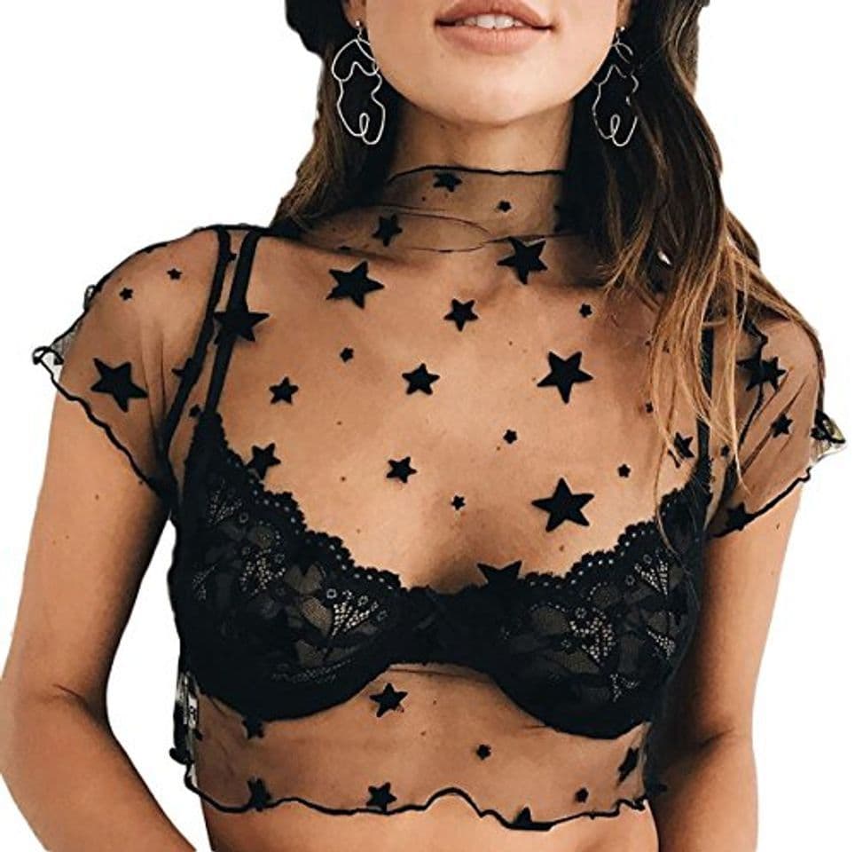 Product CHRISTYLE Mujer Ver a través de Malla Transparente de Manga Corta de la Estrella de Clubwear tee Camiseta Remata la Blusa 2 de los EEUU Negro