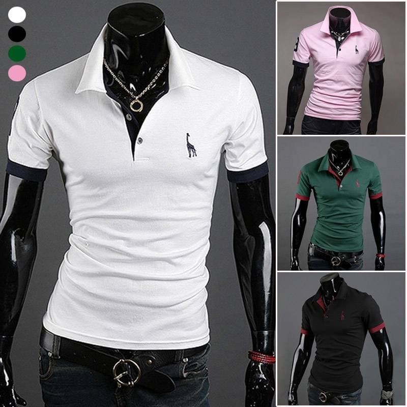 Fashion Camisa Masculina Casual com Veado Bordado de manga Curta POL