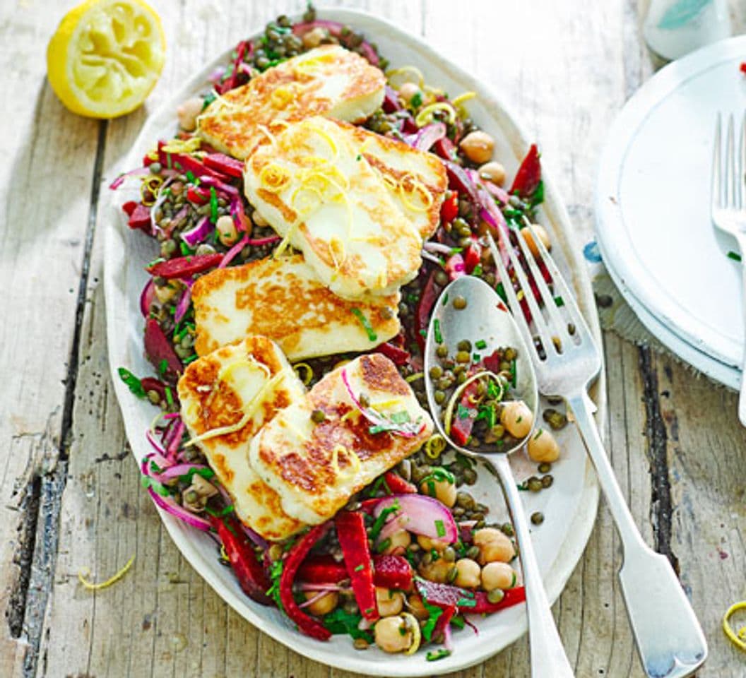 Fashion Halloumi with lemony lentils, chickpeas & beets recipe | BBC Good ...