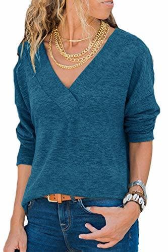 Lugar Jersey De Mujer Casual Cuello Pico Manga Larga Sólido Tops Azul L