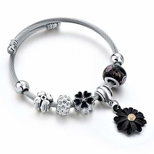 Moda HFLGKLO Preto Flor Cuff Pulseiras Pulseiras Encantos Meninas Para & Prata Man