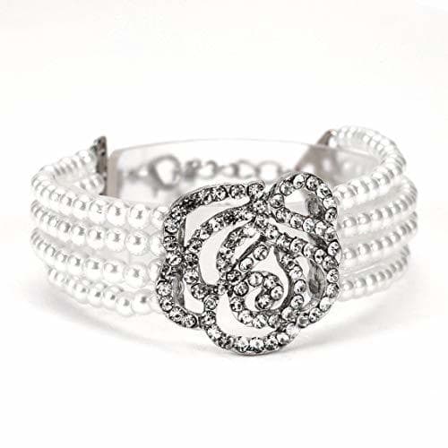 Product Pgige Popular Popular Elegante 4 Capas Crystal Rose Flower Perla simulada Brazalete