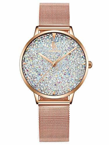 Product Alienwork Reloj Mujer Relojes Acero Inoxidable Oro Rosa Analógicos Cuarzo Blanco Impermeable