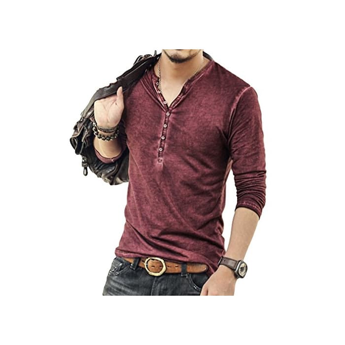 Product Hombre Cuello En V Camisetas Manga Larga Botón En Slim para Camisa