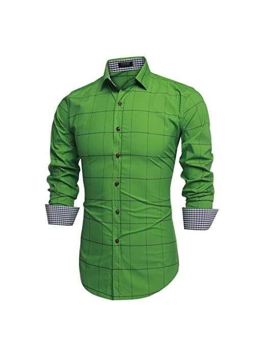 Product Coofandy Camisa a Cuadros Manga Larga para Hombre Verde Oscuro Talla-XL