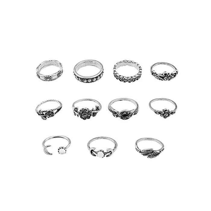 Fashion 11pcs Moda Etnico Aleación Luna Cristal Flor Anillo Conjunto 