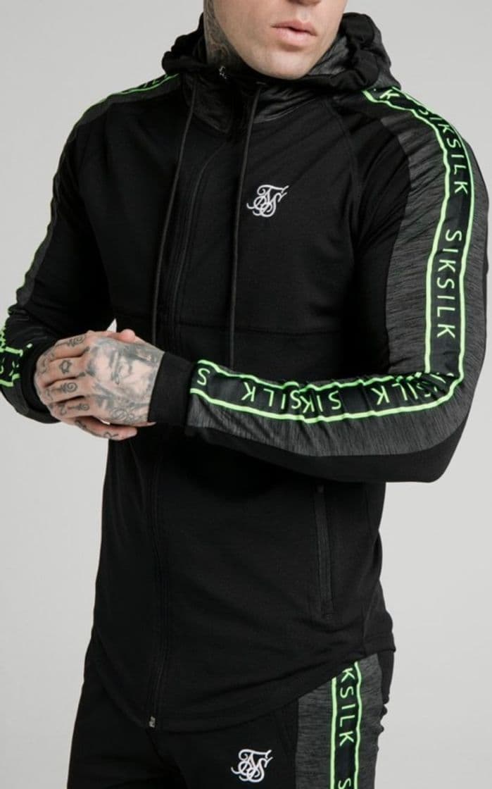 Fashion SikSilk  Hyper Athlete Zip Through Hoodie - Black & Neon Flu