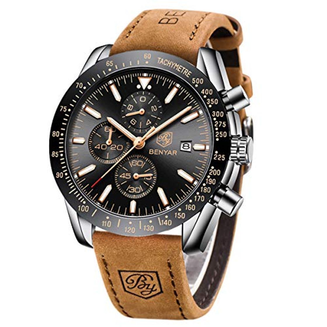 Fashion BENYAR Relojes Hombre Cronógrafo Analógico Cuarzo 30m Impermeable Correa de Cuero Deporte