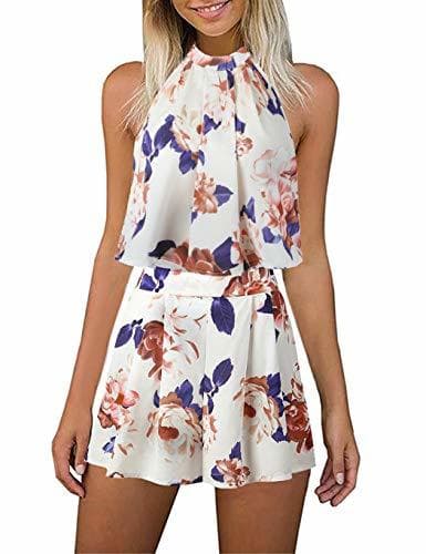 Product Mujer Mono Verano Floral Impreso Conjunto Boho Playa sin Mangas 2 PCS