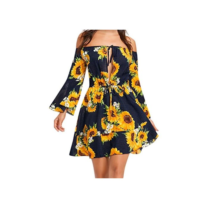 Producto OverDose Vestido Informal Estampado de Girasol Bohemio para Mujer con Hombros Descubiertos