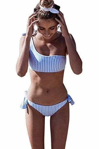 Producto heekpek Bikini a Rayas con un Hombro Pajarita Cintura Alta Tanga Lado