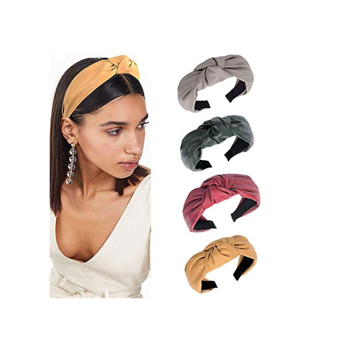 Fashion Sethexy Anudado Venda Criss Cross Cuero Aros de pelo 4 piezas Color puro Elástico Envoltura de la cabeza Durable Pasador Elegante Banda para el cabello Banda para la cabeza para mujeres y niñas