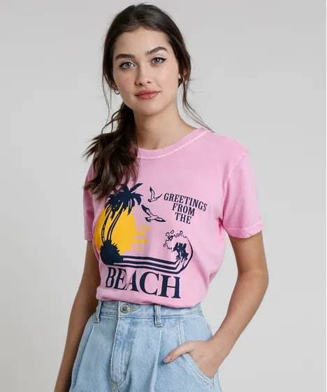 Producto T-Shirt feminina mindset beach manga curta- Rosa