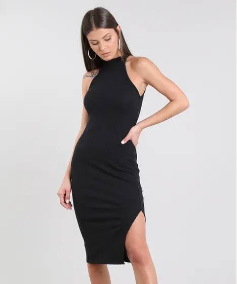 Producto Vestido midi halter neck canelado com fenda- Gola alta preto