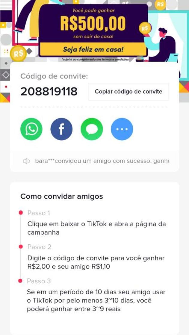 Moda Tiktok usem meu código por favor vamos ganhar dinheiro junto