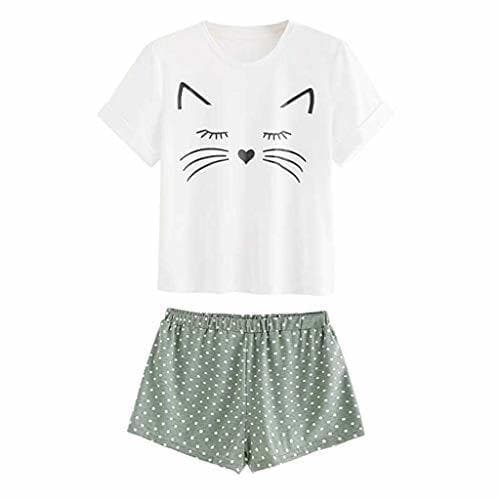 Product Proumy Conjunto de Pijama Blanca Mujer Verano Básica Estampado de Gatos Camiseta