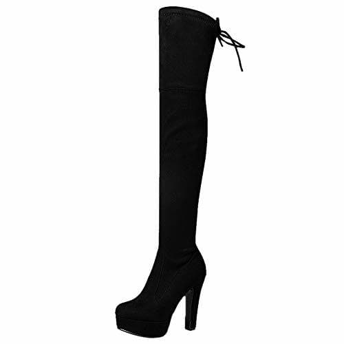 Product ELEEMEE Mujer Moda Tacón Ancho Botas Stretch Plataforma Sin Cordones Over Knee