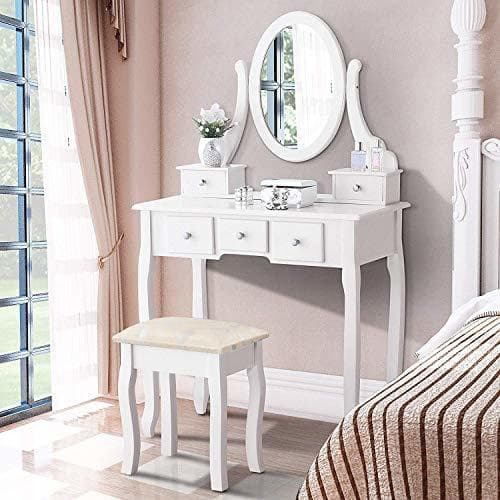 Home Iglobalbuy Tocador, Escritorio de Maquillaje con Taburete, Mesa de cosmética Blanca con