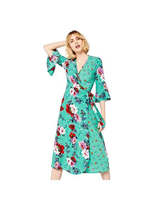 Producto Marca Amazon - find. Vestido Cruzado de Flores Mujer, Verde