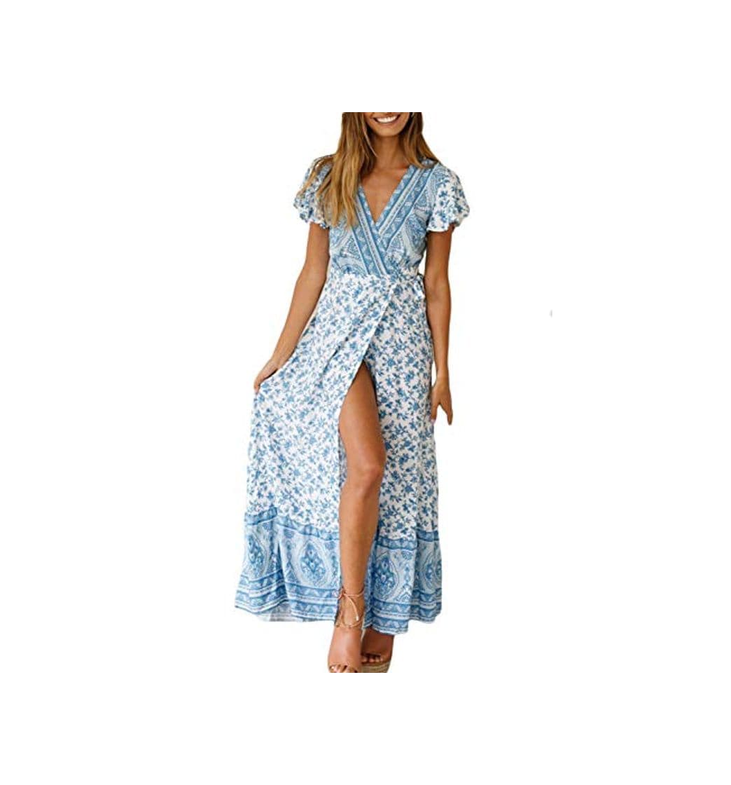 Fashion Vestido Mujer Bohemio Largo Verano Playa Fiesta Floral Manga Corta Cuello en V Talla Split Wrap Maxi Vestidos 4 XL