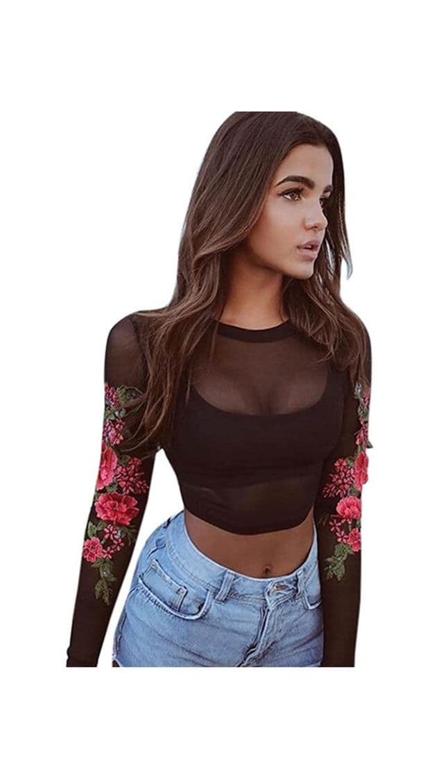 Moda Honestyi Mujer ropa, Mujer O cuello Elegante manga larga Bordado flores camisa tops Sudadera (negro