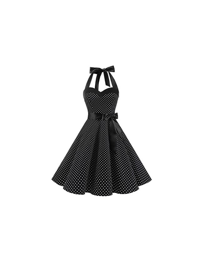 Fashion Dresstells® Halter 50s Rockabilly Polka Dots Audrey Dress Retro Cocktail Dress Black