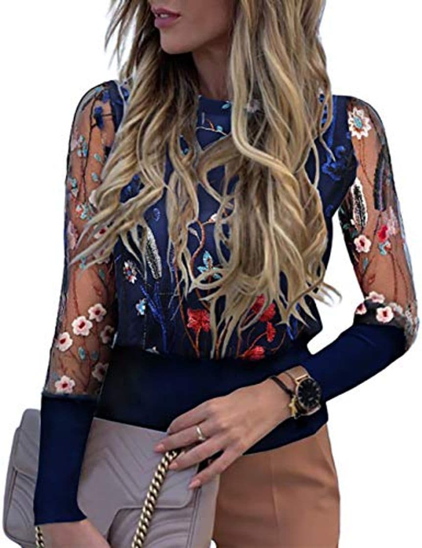 Fashion Chicme Blusa de Malla con Bordado Floral para Mujer