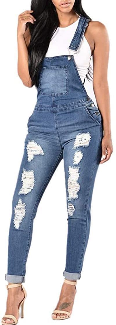 Producto Overol de Mujer Jean Monos de Mezclilla sin Mangas Delgados con Agujeros Rasgados Casuales Azul M