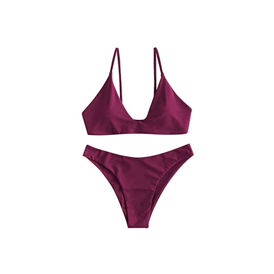 Producto ZAFUL Traje de baño de dos piezas de bikini de corte alto acolchado para mujer Rojo rojo vino S