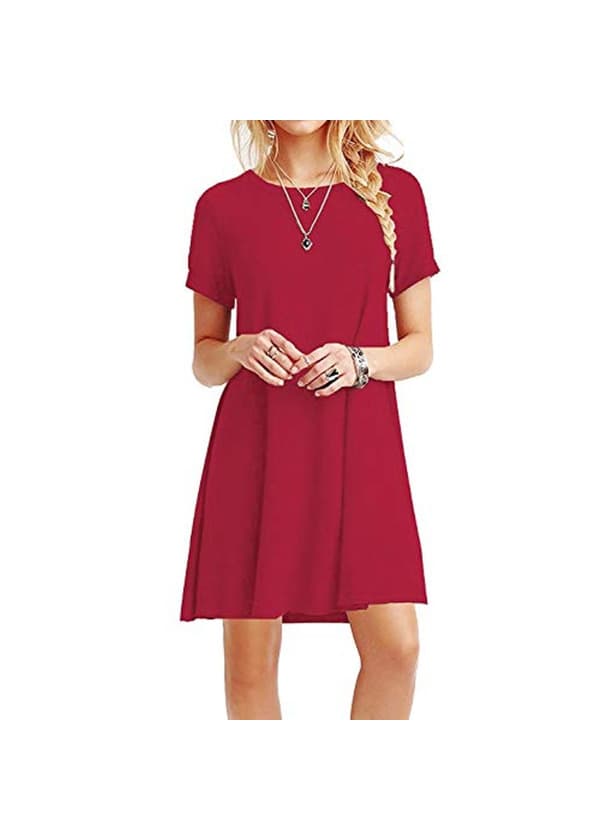 Product YOUCHAN Vestidos Mujer de Camiseta Suelto Casual Cuello Redondo Ocasional Sólida Mini Vestido_Rojo_L