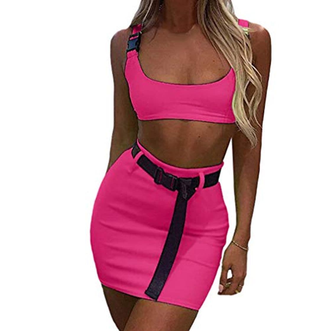 Moda Kunfang Mujeres Conjuntos de Dos Piezas Hebilla de Neón Verde Camisetas Sin Mangas Sexy Cintura Alta Faldas Elásticas Bodycon Casual Crop tee Top Conjunto de Traje