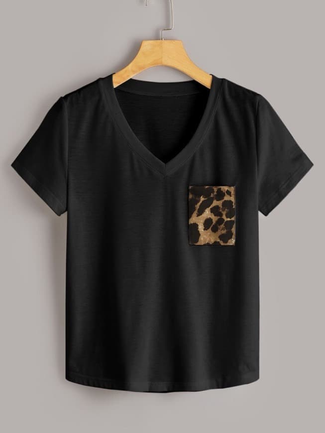 Fashion Camiseta Con Estampado De Leopardo En Contraste Escote V