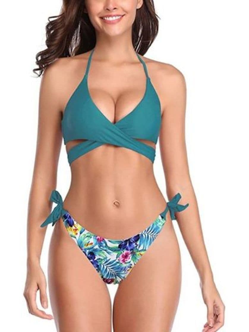 Product SHEKINI Mujeres Front Cross Bandage Bikini Floral impresión Inferior Traje de baño