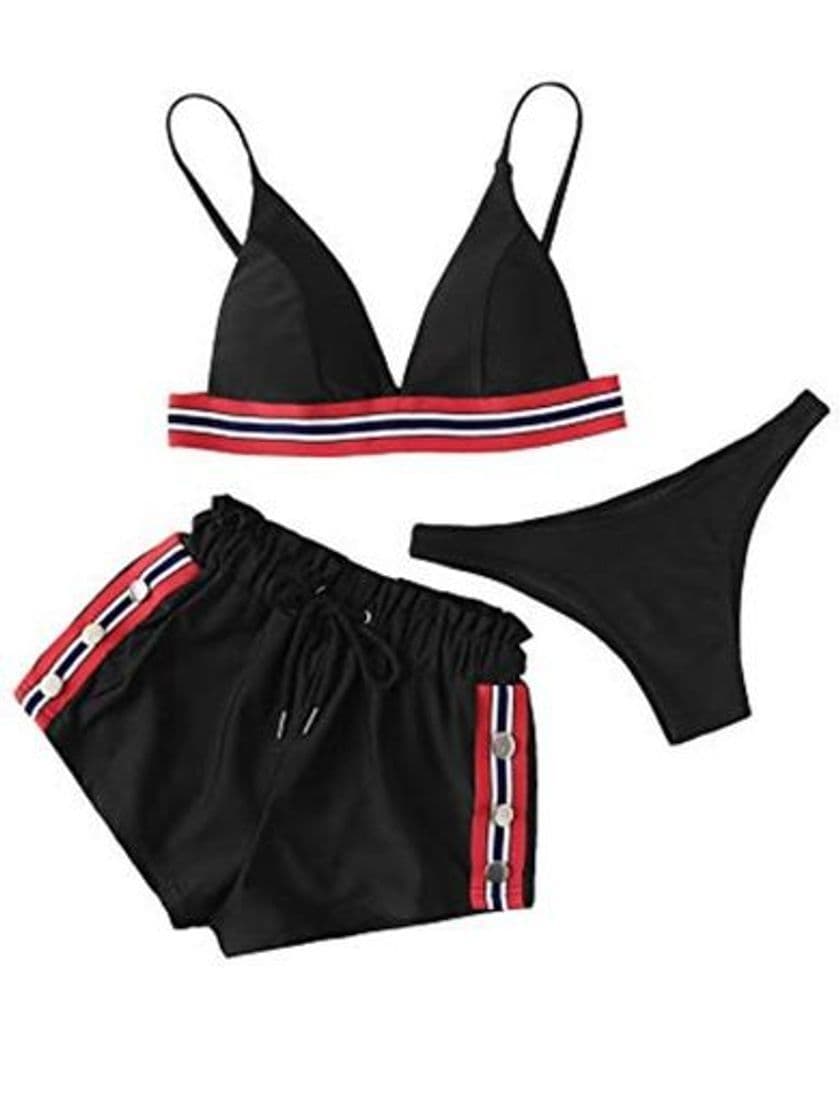 Product DIDK Mujer Traje de Baño Set de Bikini con diseño de Tachuela con Shorts 3 Piezas Bañadores Tankini Ropa de Baño 2019