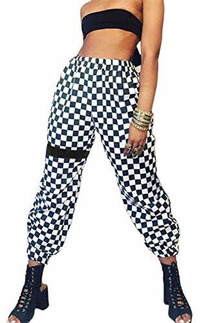 Fashion Mujeres Negro Blanco Plaid Pantalones Deportivos Sueltos Cintura Elástica Cónica Piernas Largas