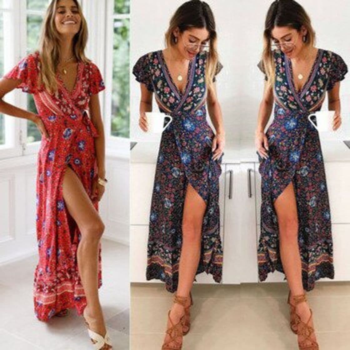 Moda Vestido Mujer Bohemio Largo Verano Playa Fiesta Floral Manga Corta Cuello en