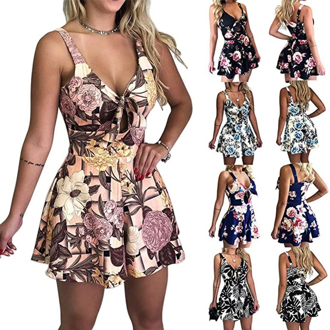 Product Junkai Mono de Verano para Mujer Damas V Cuello Correa Sin Mangas Estampado Floral Slim Fit Playsuit Shorts Moda Casual Mamelucos Overol de una Pieza