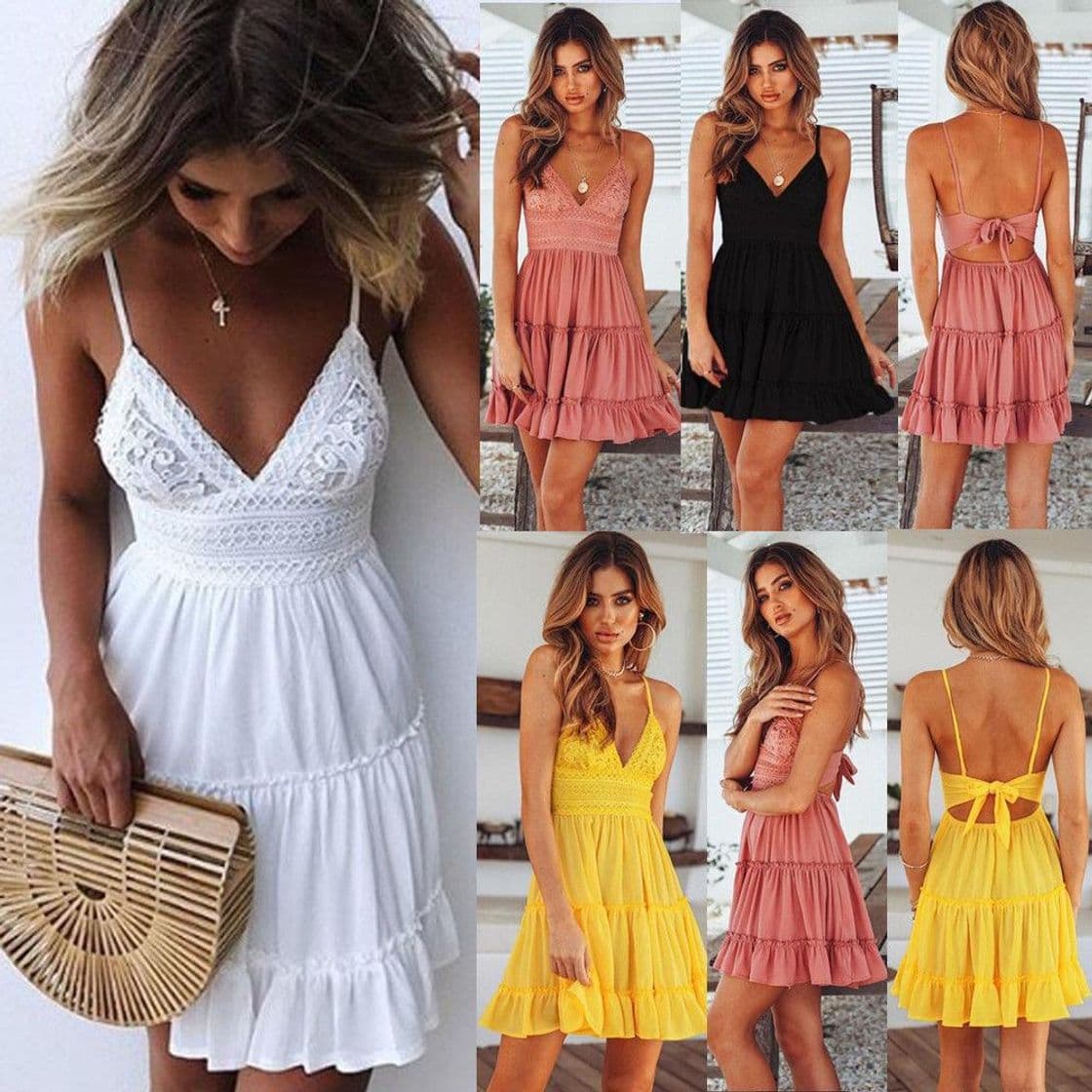 Product Vestidos De Verano para Mujer Boho Correas De Espagueti De Encaje Sin