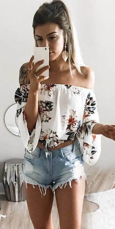 Fashion QIYUN.Z Cuello De La Manera De Las Mujeres Cuello Floral Impreso Blanco Cuerno Manga Sin Tirantes Culo Tops