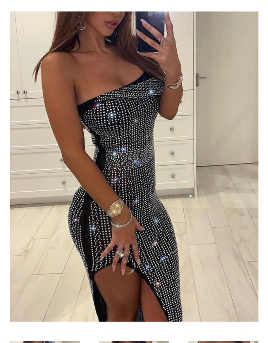 Fashion Studded Off Shoulder Slit Party Dress